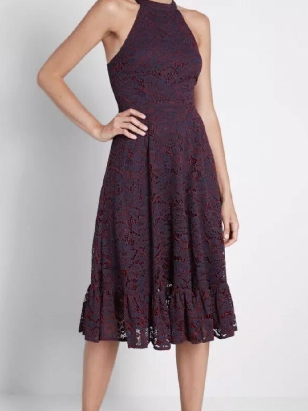 Mod Cloth blue and red lace ruffle hem halter dress Size 8 Whimsigoth Romantic